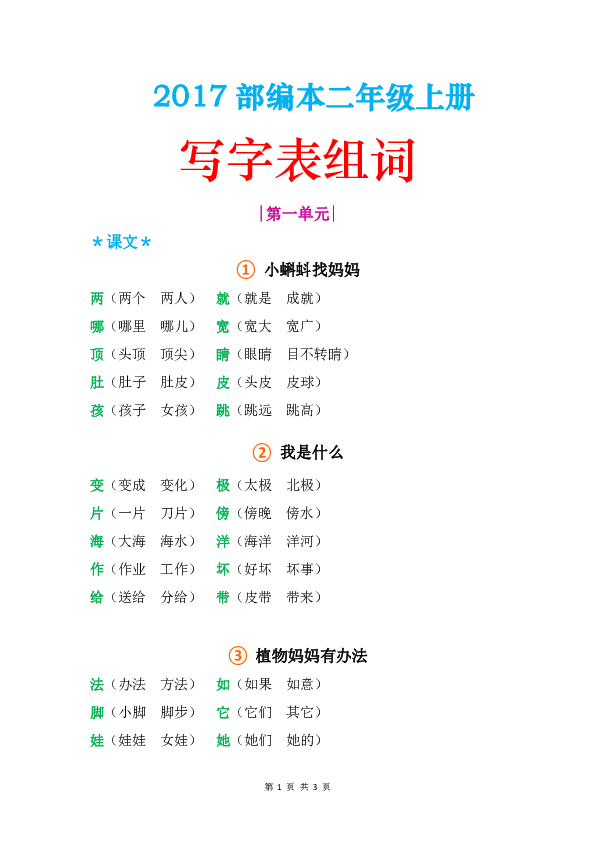 部编版二年级语文上册课本写字表组词(精编版)