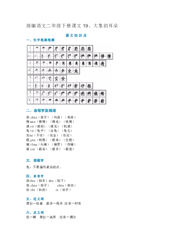 部编语文二年级下册课文 19,大象的耳朵 ( 知识讲解 图文讲.