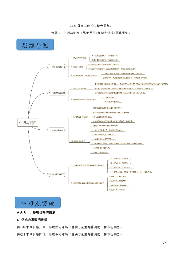 2020届高三政治二轮专题复习  专题01 生活与消费(思维