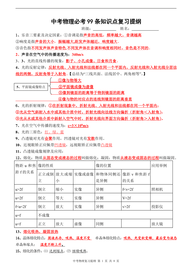 中考物理必背知識點總結複習提綱