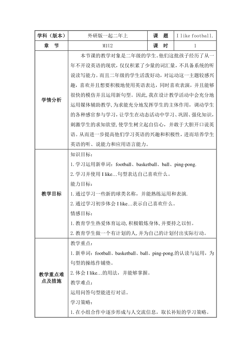 Module 1 Unit 2 I Like Football. 表格式教案-21世纪教育网