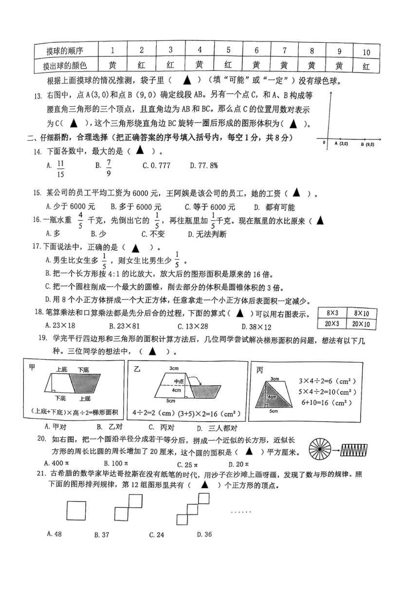 2022年浙江省宁波市镇海区小学小学六年级下学期毕业考试数学试卷图片