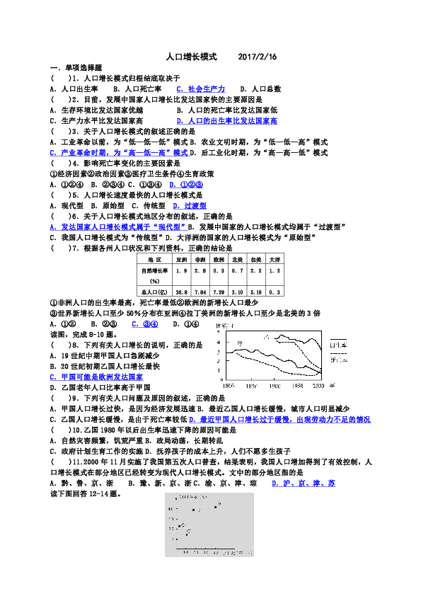 湘教版地理人口问题题目_全球人口问题